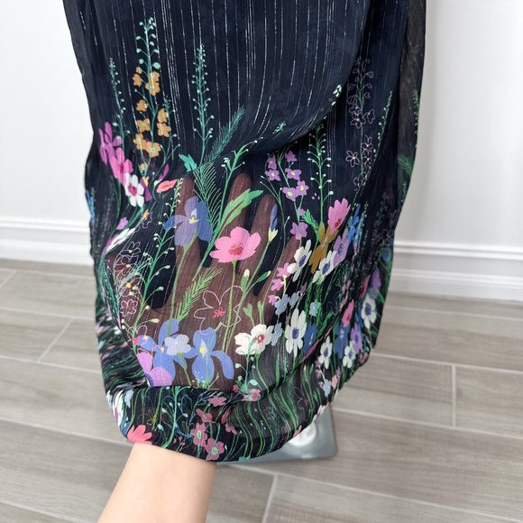 Anthropologie Laia Metallic Floral Print Midi Wrap Dress Black Navy Women's Sz S - Picture 17 of 17